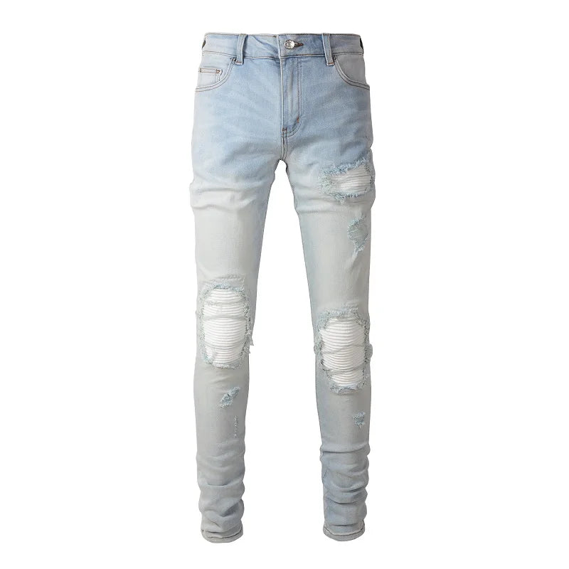 Light Blue Pleated Patch Jeans
