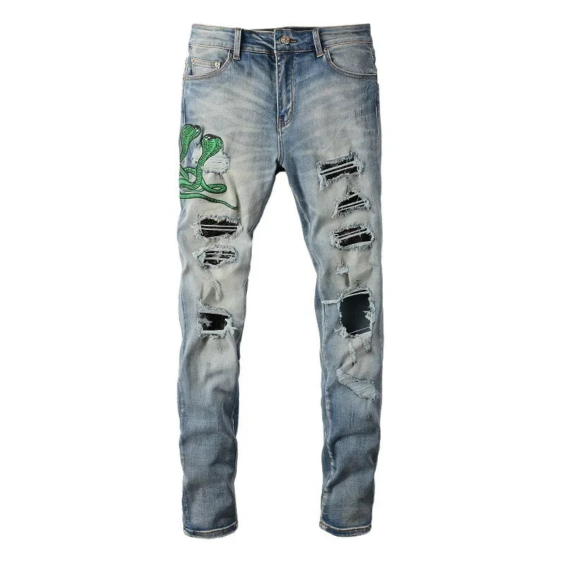 Embroidered Snake Jeans