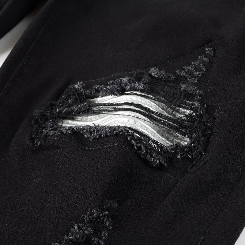 Cracked Silver Leather Patch Jeans