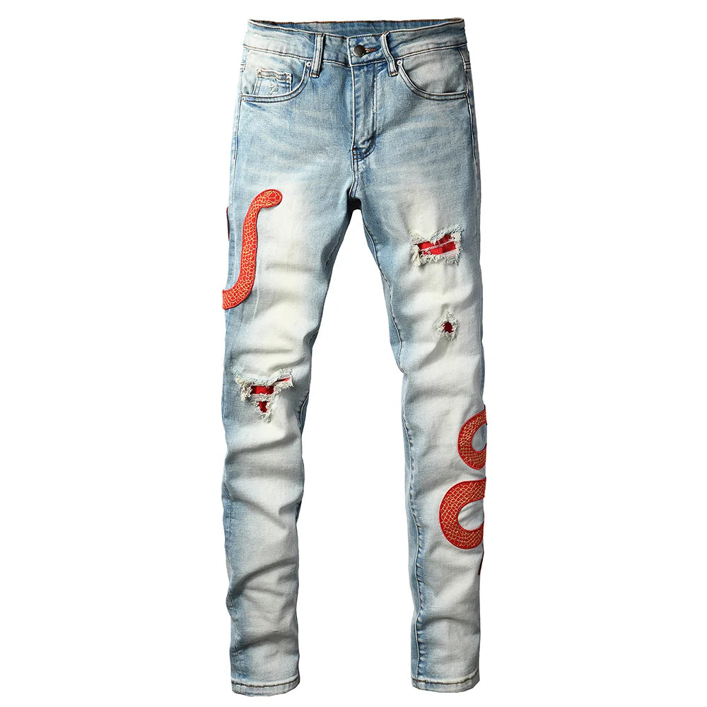 Snake Embroidery Skinny Jeans