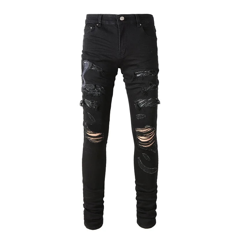 Snake Black Embroidery Jeans