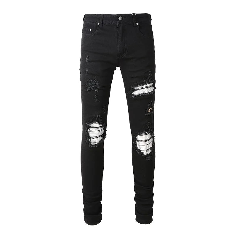 Cracked Silver Leather Patch Jeans