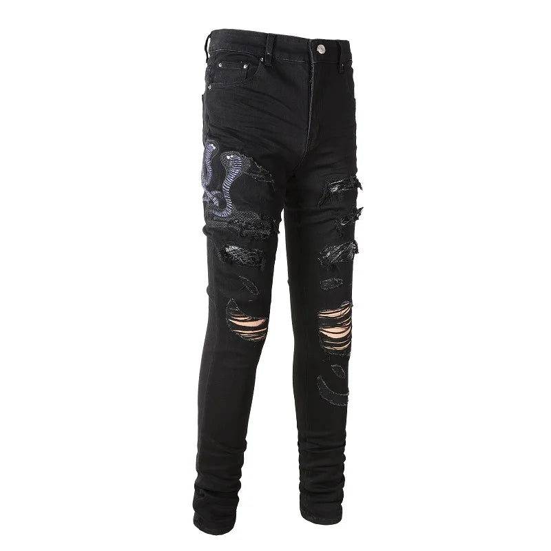 Snake Black Embroidery Jeans