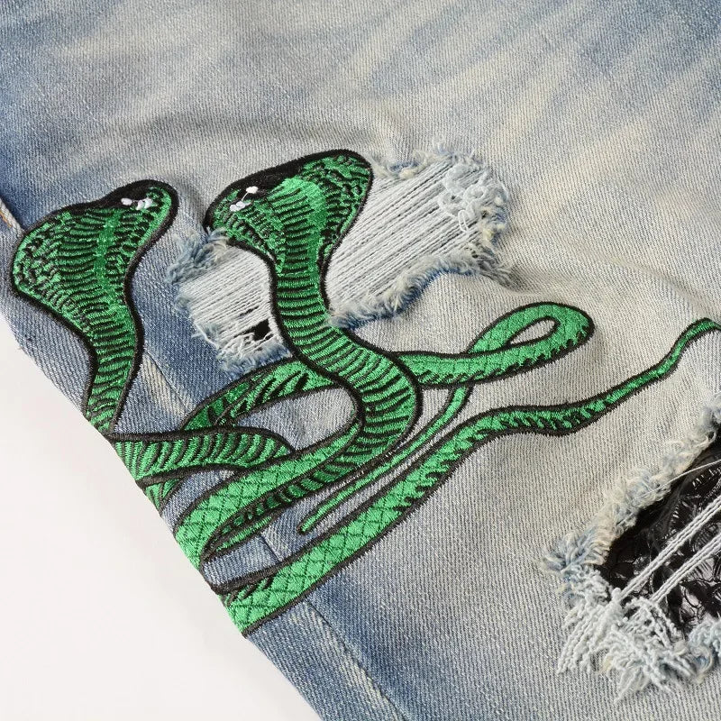 Embroidered Snake Jeans