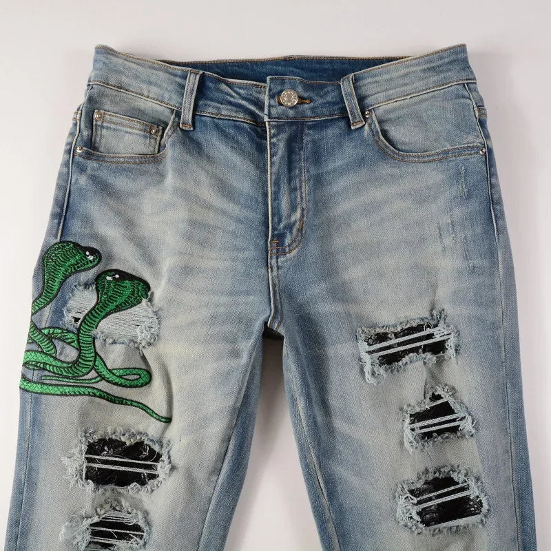 Embroidered Snake Jeans