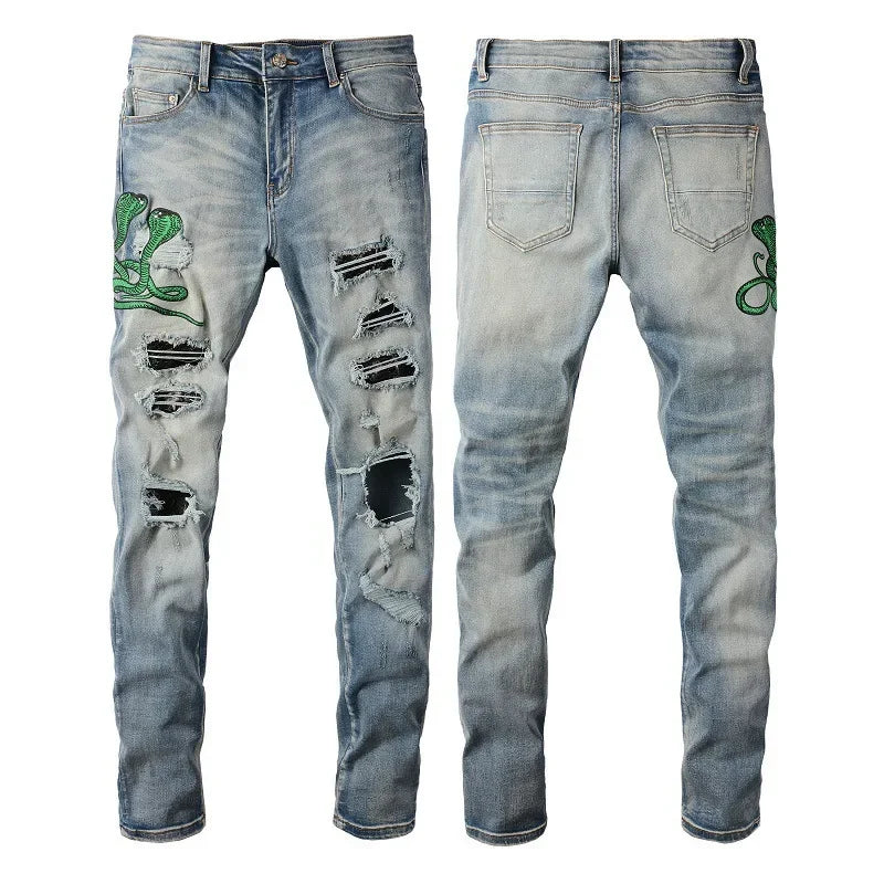 Embroidered Snake Jeans
