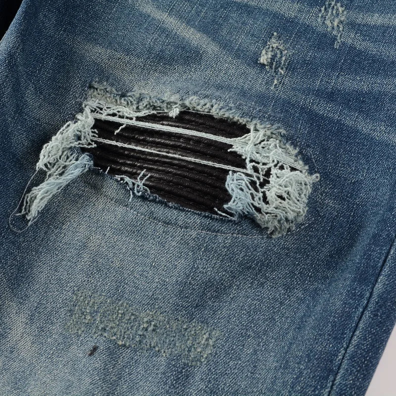 Leather Patch Tapered Jeans
