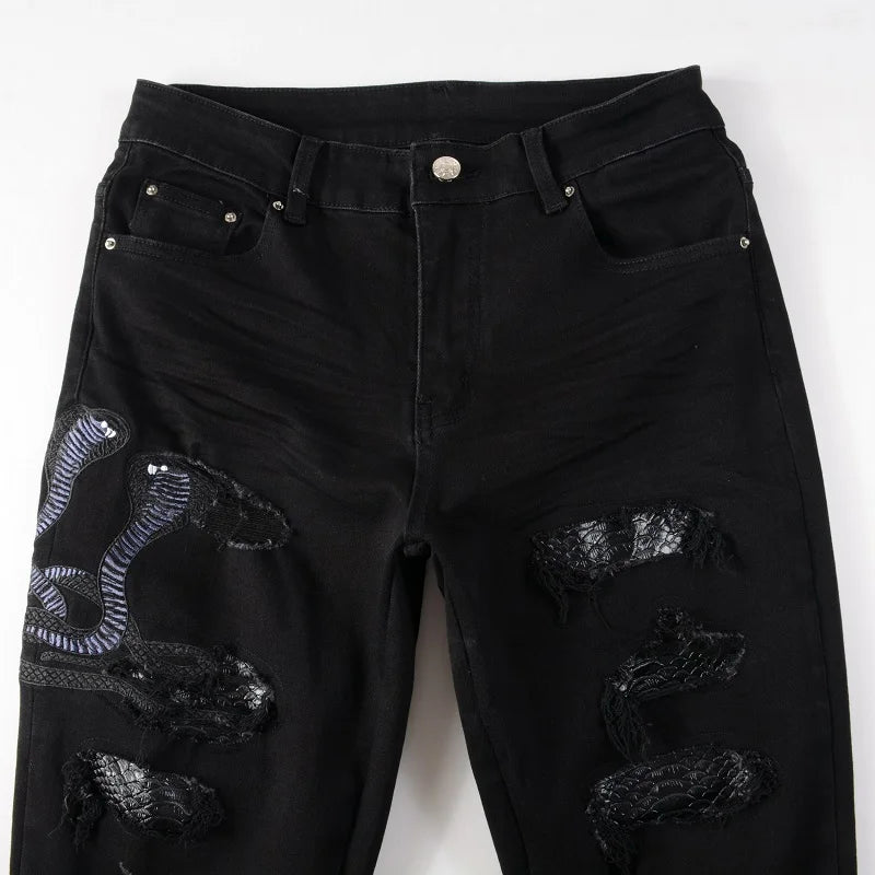 Snake Black Embroidery Jeans