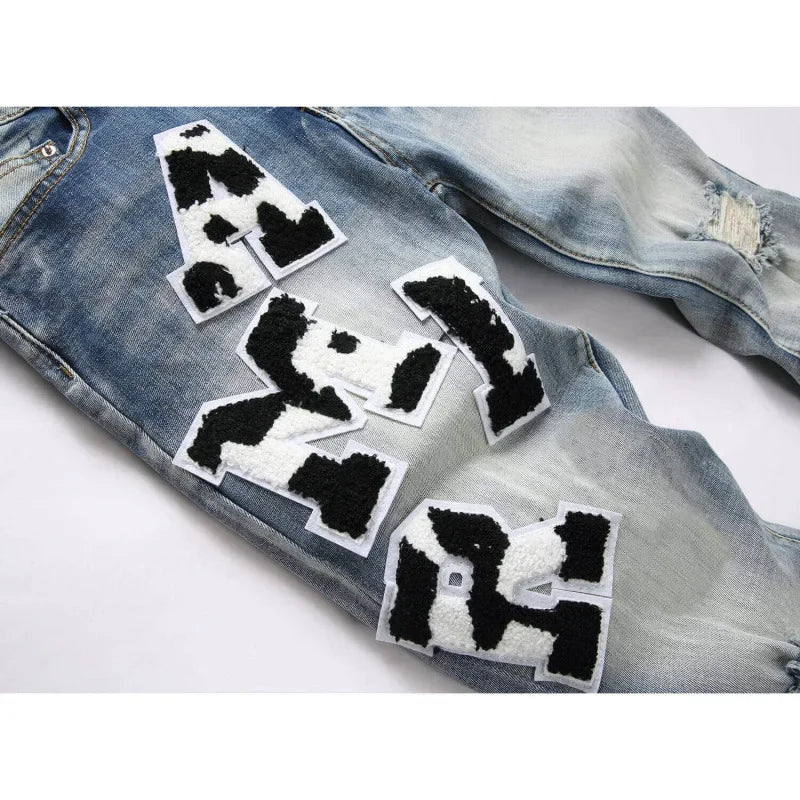 Letter Embroidered Jeans