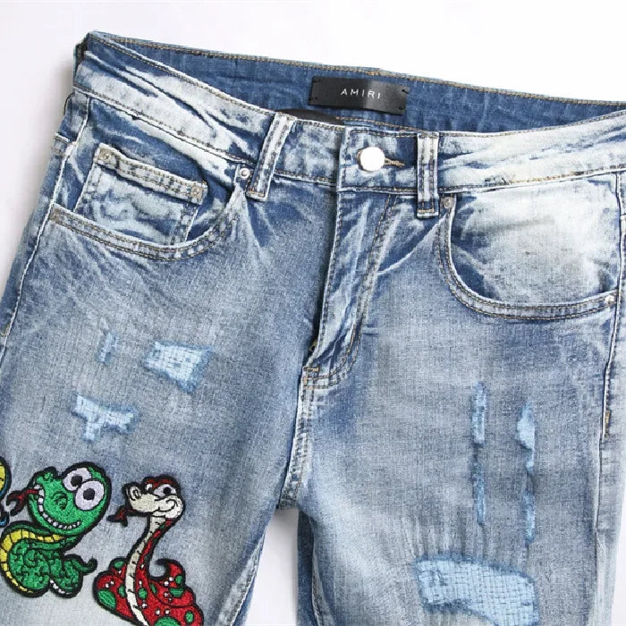 Punk Style Embroidered Hole Jeans