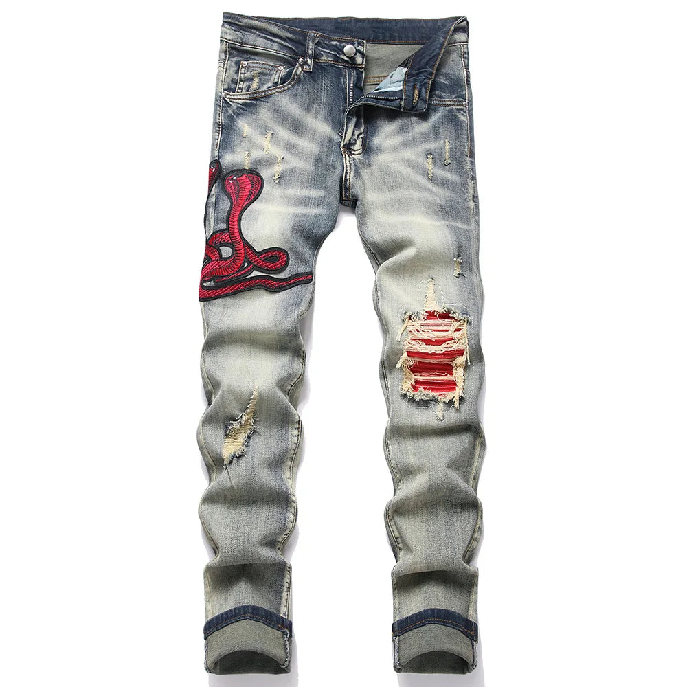 Red Snake Embroidery Denim Jeans