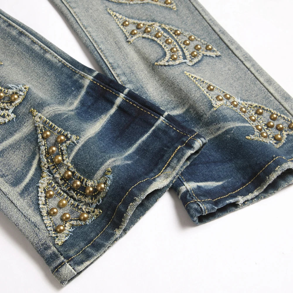 Punk Rivet Patch Flared Jeans