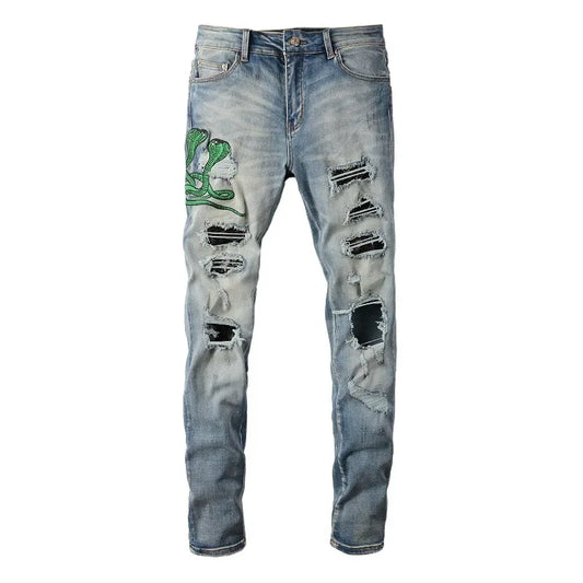 Embroidered Snake Jeans