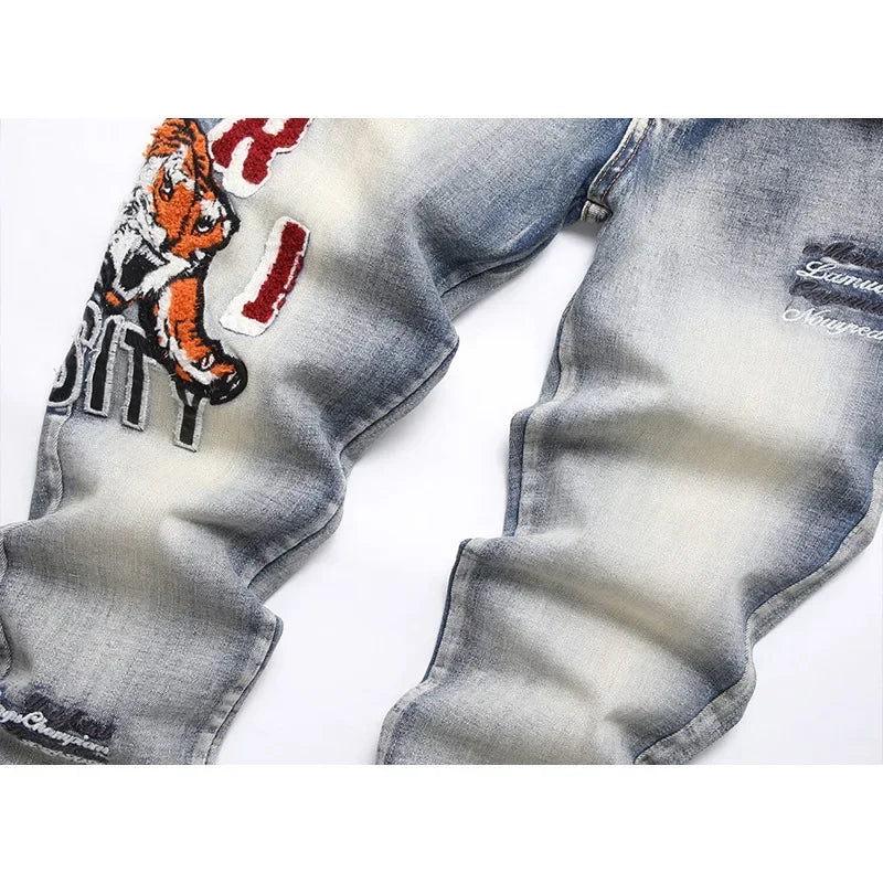 Retro Tiger Embroidered Jeans