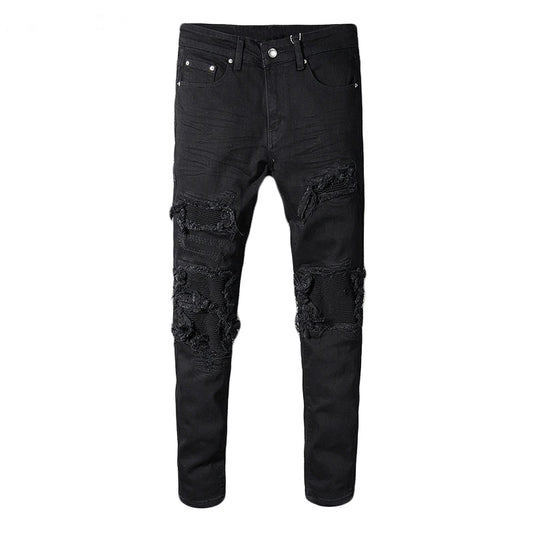 Black patchwork stretch denim jeans