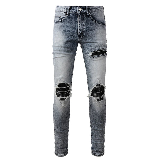 Leather Patch Stretch Denim Jeans