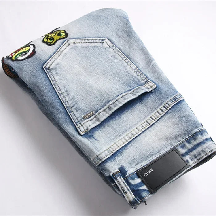 Punk Style Embroidered Hole Jeans