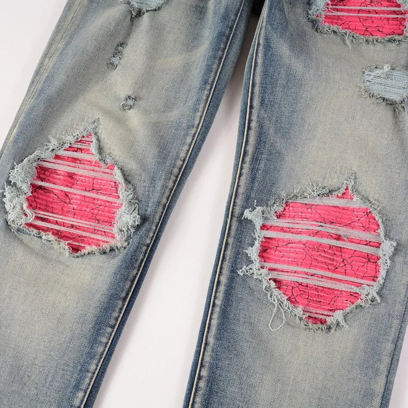 Pleated Patchwork Pink Jeans