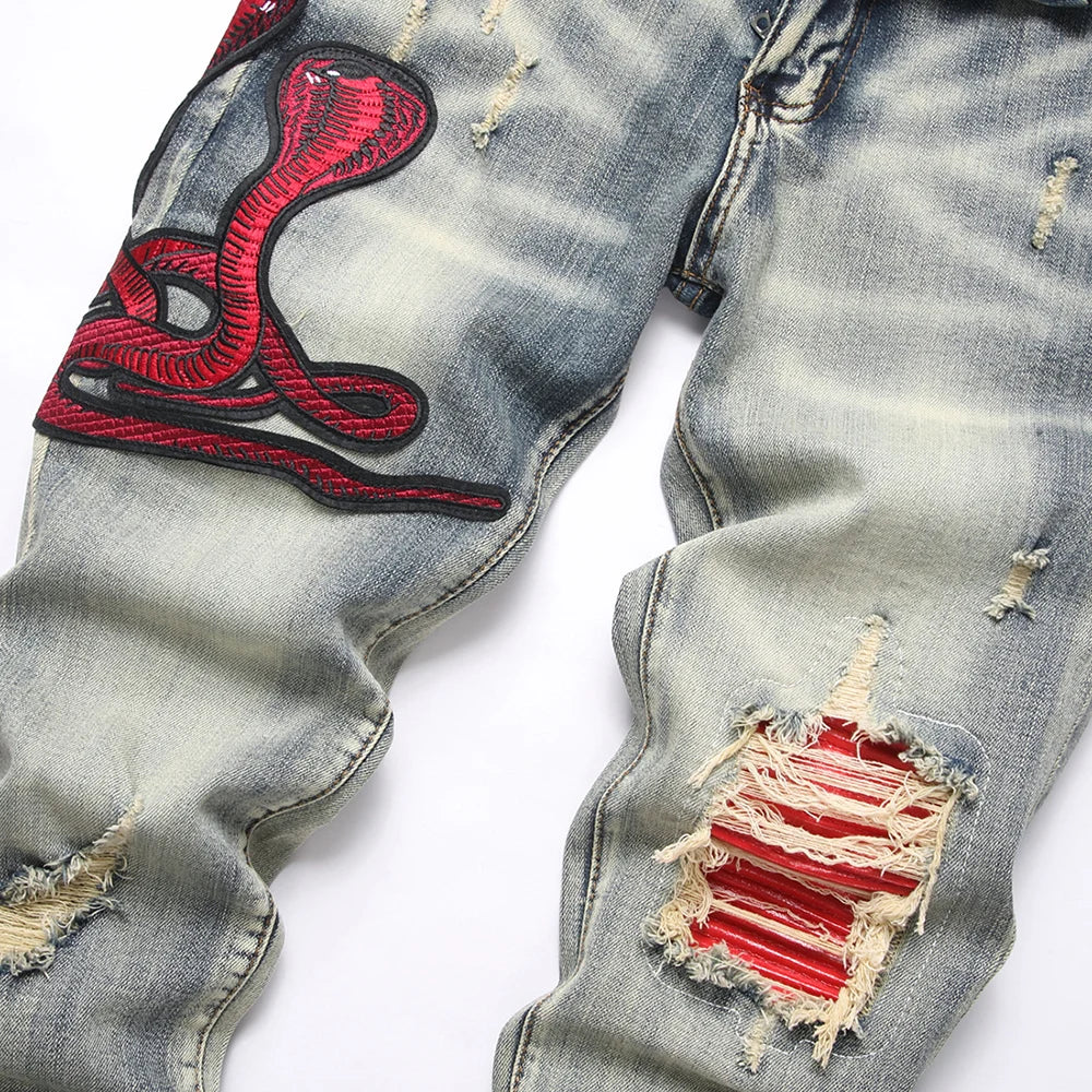Red Snake Embroidery Denim Jeans