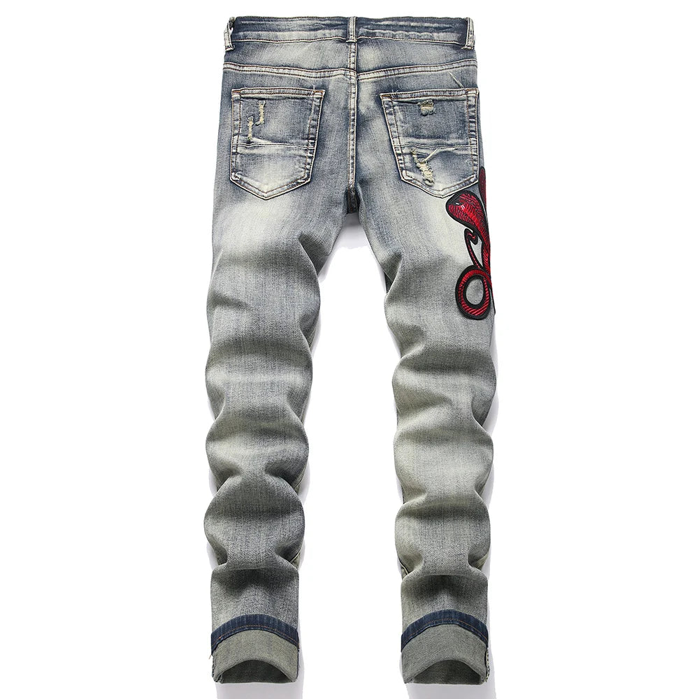 Red Snake Embroidery Denim Jeans