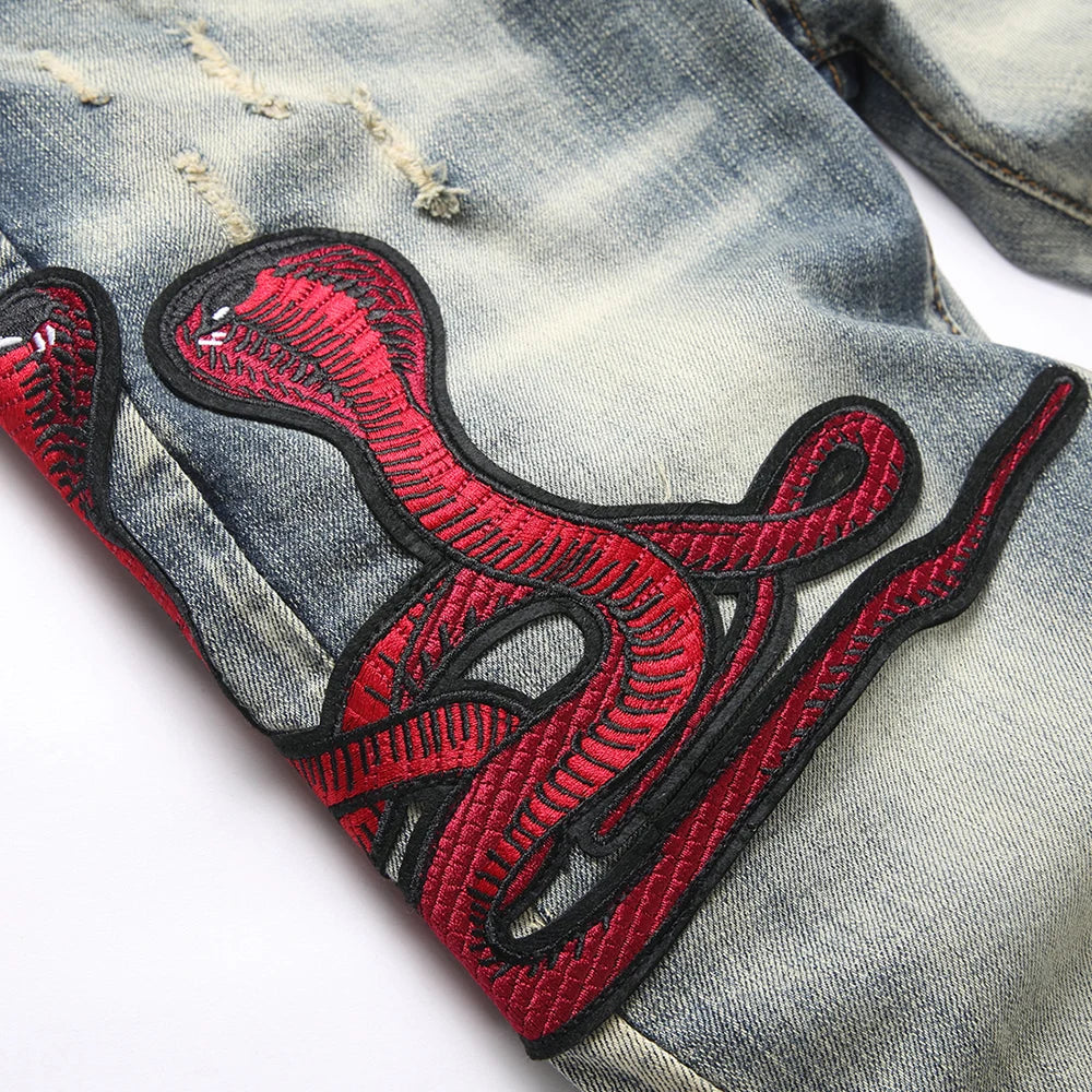 Red Snake Embroidery Denim Jeans