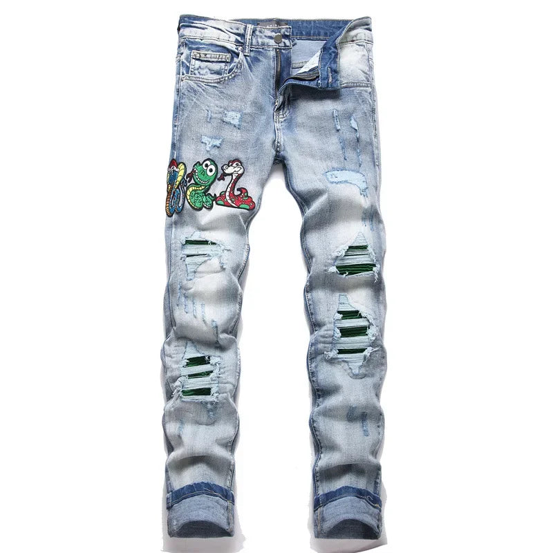 Punk Style Embroidered Hole Jeans