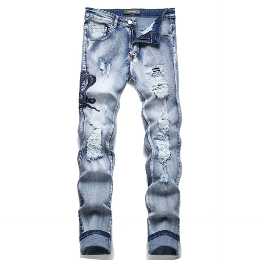 Blue Snake Embroidery Jeans